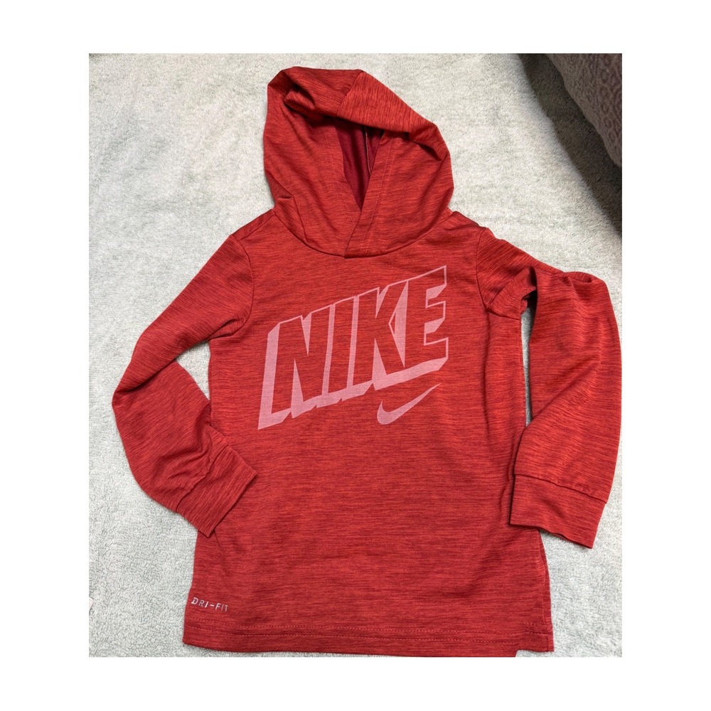 Nike Kids Dri-FIT Hoodie Red Heathered Graphic Pullover Activewear Shirt